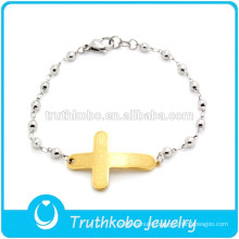 TKB-B0087 Wholesale Stainless Steel Rosary Bead Sideways Cross Bracelet for Womens